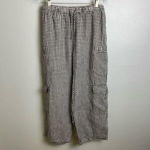 FLAX Gingham Linen Patch Pockets Pants Size S Brown White Wide Leg Waistband